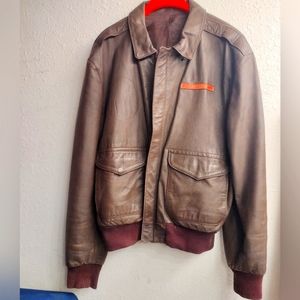 Men's Vintage Brown Leather Military Flight Jacket, XL, Name Patch, San Diego